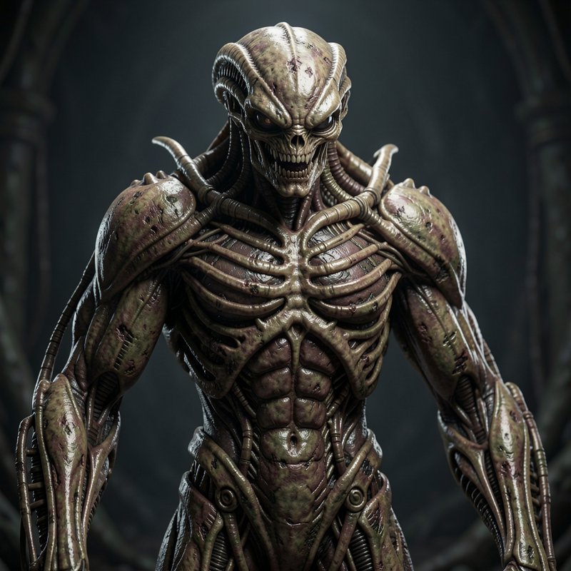 Menacing biomechanical xenomorph-style alien with exposed ribcage and bared teeth stands in a dark blurred interior.