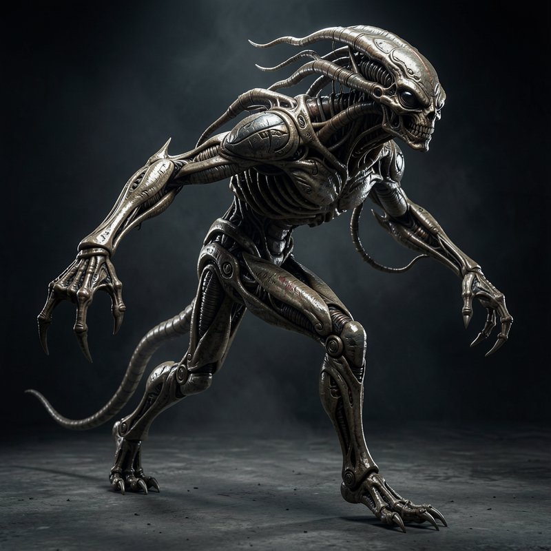 Menacing biomechanical alien in a stalking predatory pose, with armored skeletal plating, sharp c...