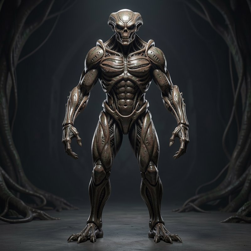 Menacing muscular biomechanical alien humanoid with a skull face stands in a dark twisted root-fi...