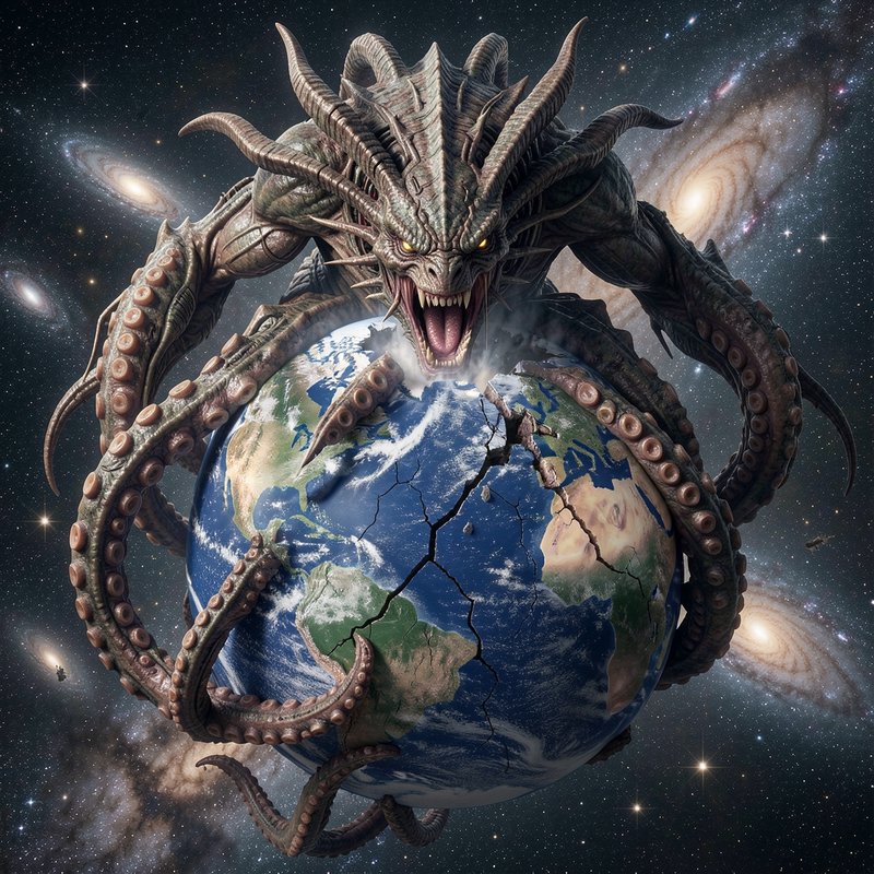 Tentacled horned eldritch monster crushes cracked planet Earth, floating in starry deep space wit...