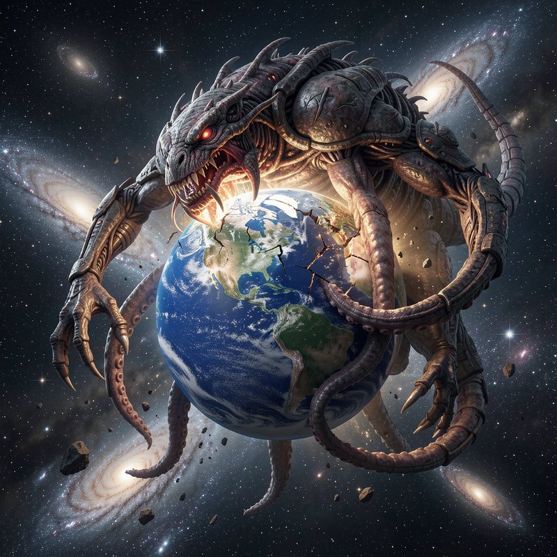 Menacing armored cosmic monster biting and cracking planet Earth, set against starry outer space ...