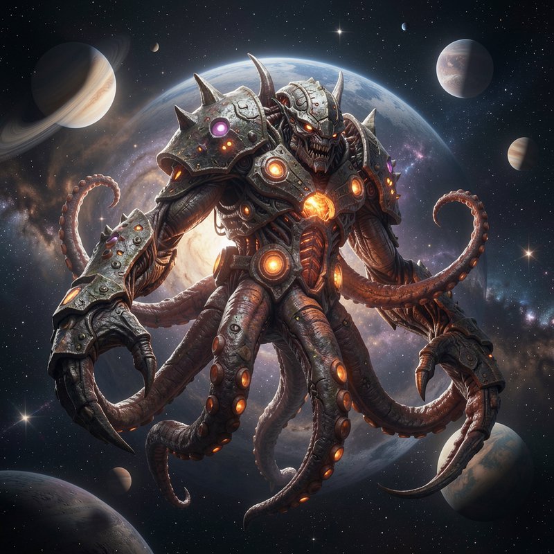 Armored biomechanical tentacled alien monster floats in deep outer space surrounded by planets, s...