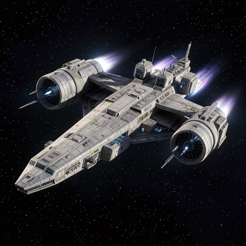 [Rugged sci-fi starfighter spacecraft emits glowing purple thruster exhaust as it travels through dark, star-filled outer ...