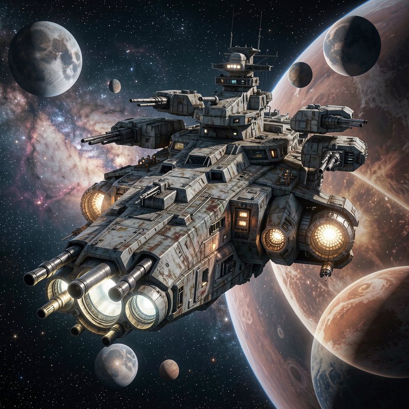 Battle-worn heavily armed sci-fi space battleship floats in deep space surrounded by alien planet...