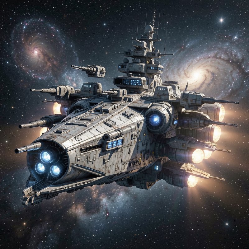 Heavily armed futuristic sci-fi battleship spaceship floating in deep space with spiral galaxy st...