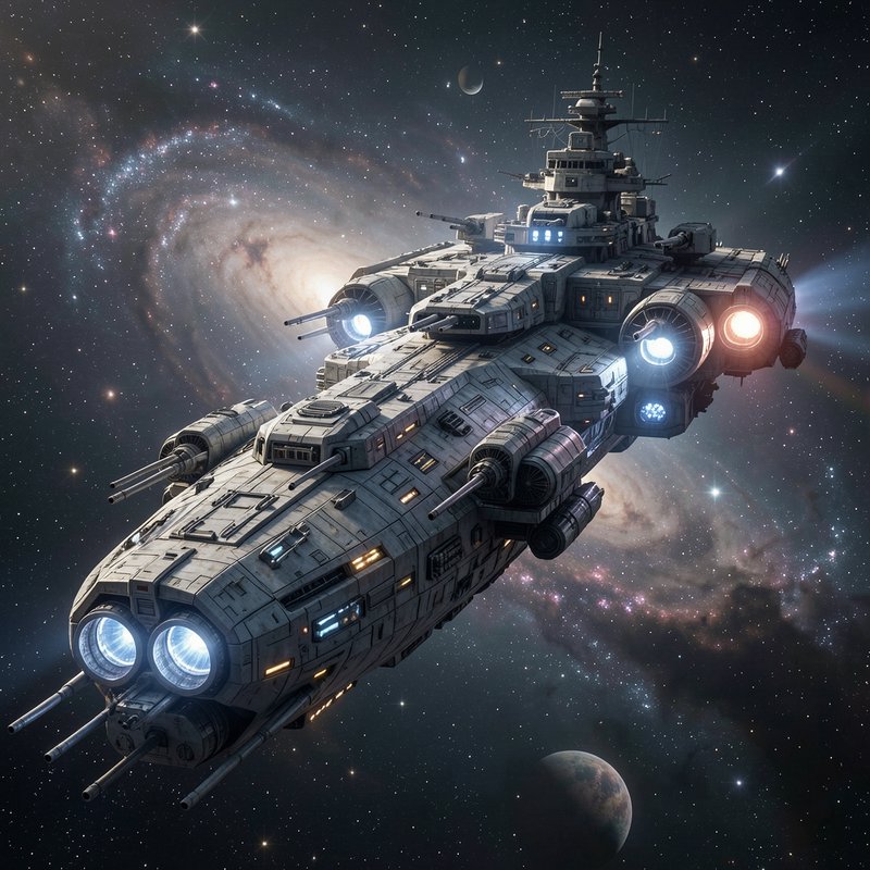 [Heavily armed retro-futuristic space battleship floats through deep space before a swirling spiral galaxy backdrop]
