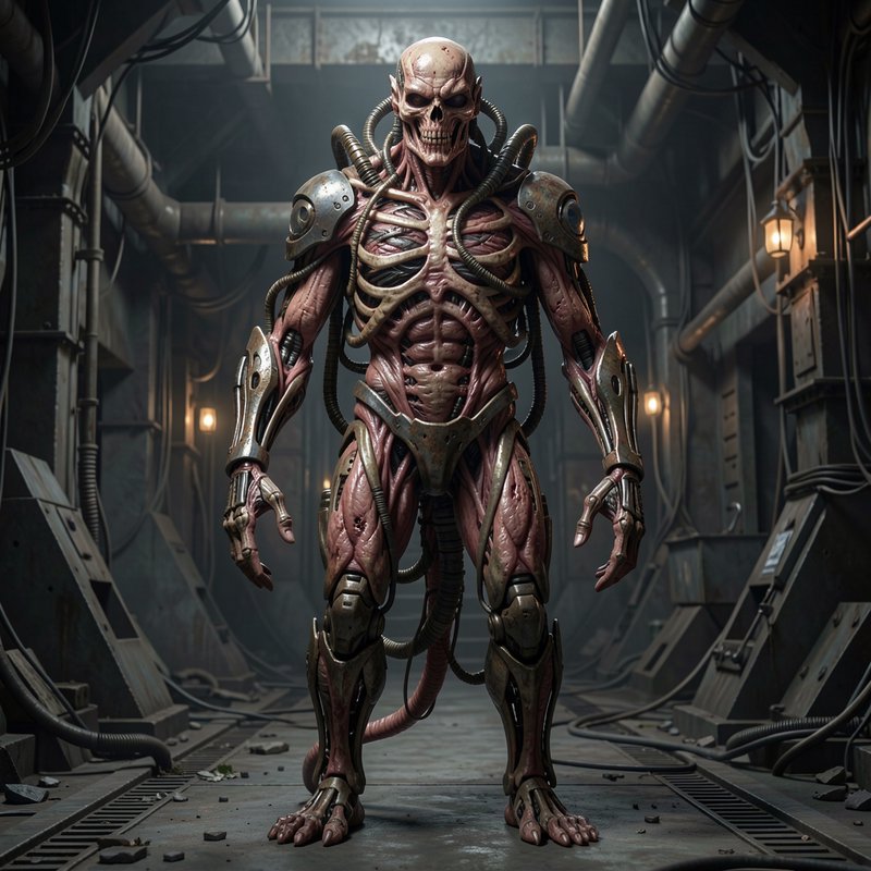 [Terrifying biomechanical skeletal cyborg stands facing the viewer in a grim derelict industrial sci-fi corridor]