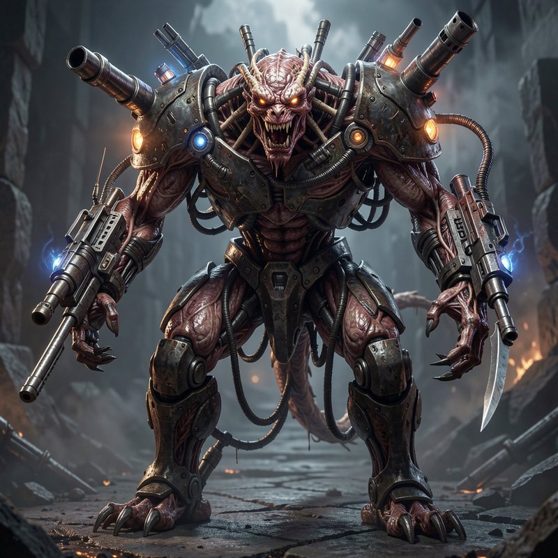 Menacing cybernetically augmented alien demon warlord with heavy weapons stands in a foggy ruined...