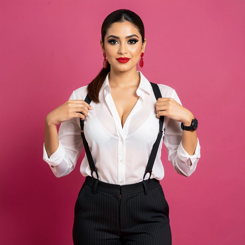 Confident stylish woman in a suspender outfit poses against a bright solid pink studio backdrop.