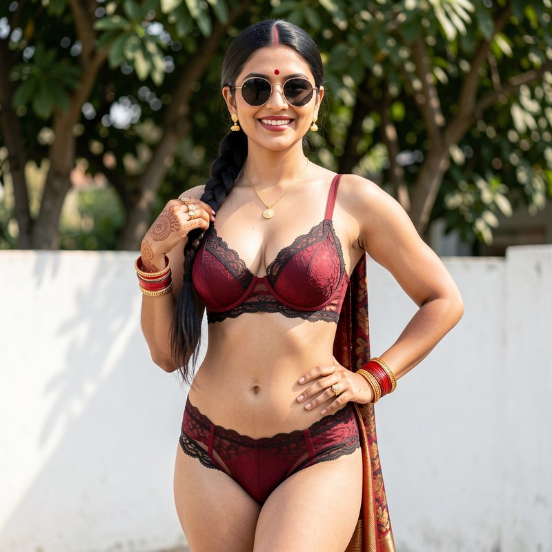 Smiling South Asian woman in maroon lace lingerie, traditional jewelry, and sunglasses posing out...