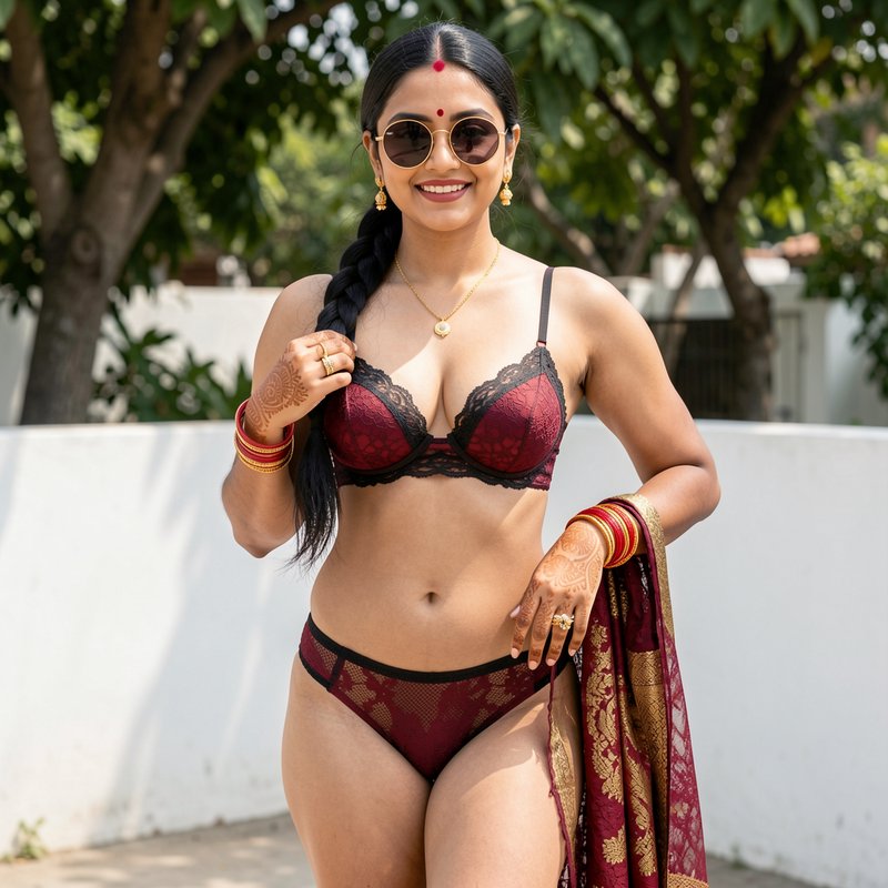 Smiling South Asian woman in maroon lace lingerie with traditional cultural accessories, standing...