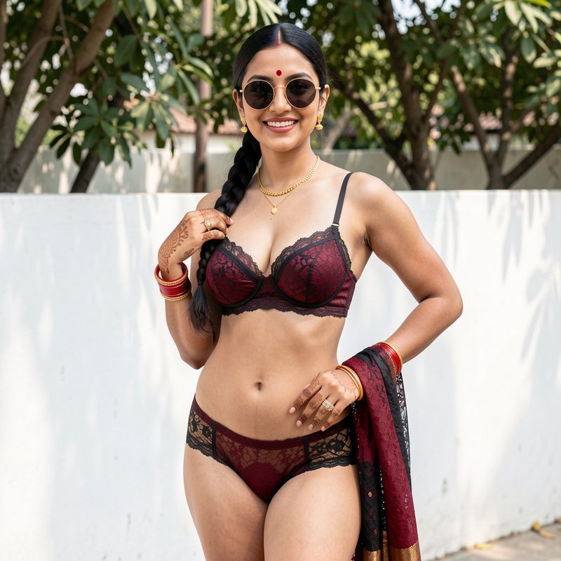 Smiling South Asian woman in maroon lace lingerie with traditional jewelry, posing outdoors on a ...