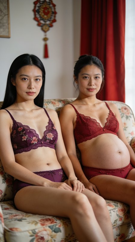 Two East Asian women, one visibly pregnant, sit side by side on a floral couch wearing lace linge...