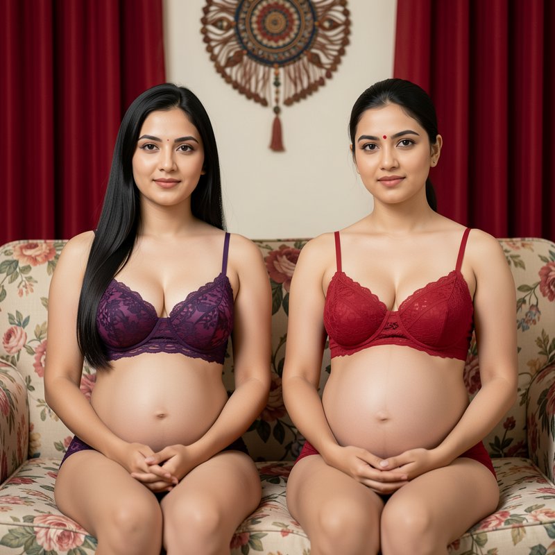 Two pregnant South Asian women in lace lingerie sit side by side on a floral print couch