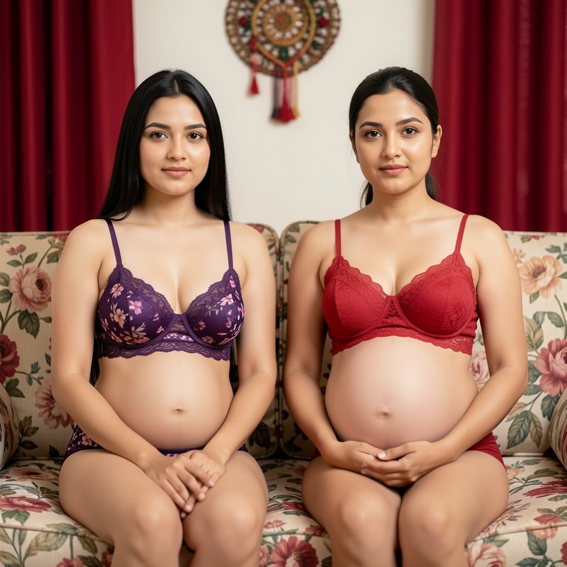 Two pregnant South Asian women in lace lingerie sit side-by-side on a floral printed couch