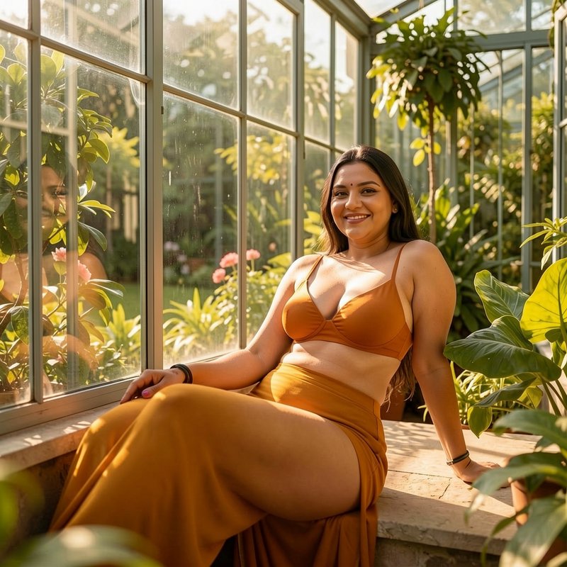 Smiling curvy South Asian woman in mustard loungewear sitting on a sunlit greenhouse windowsill