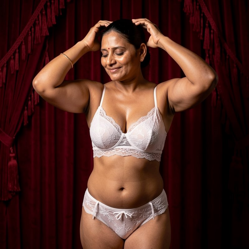 Confident muscular South Asian woman in white lace lingerie poses against a deep red velvet curta...