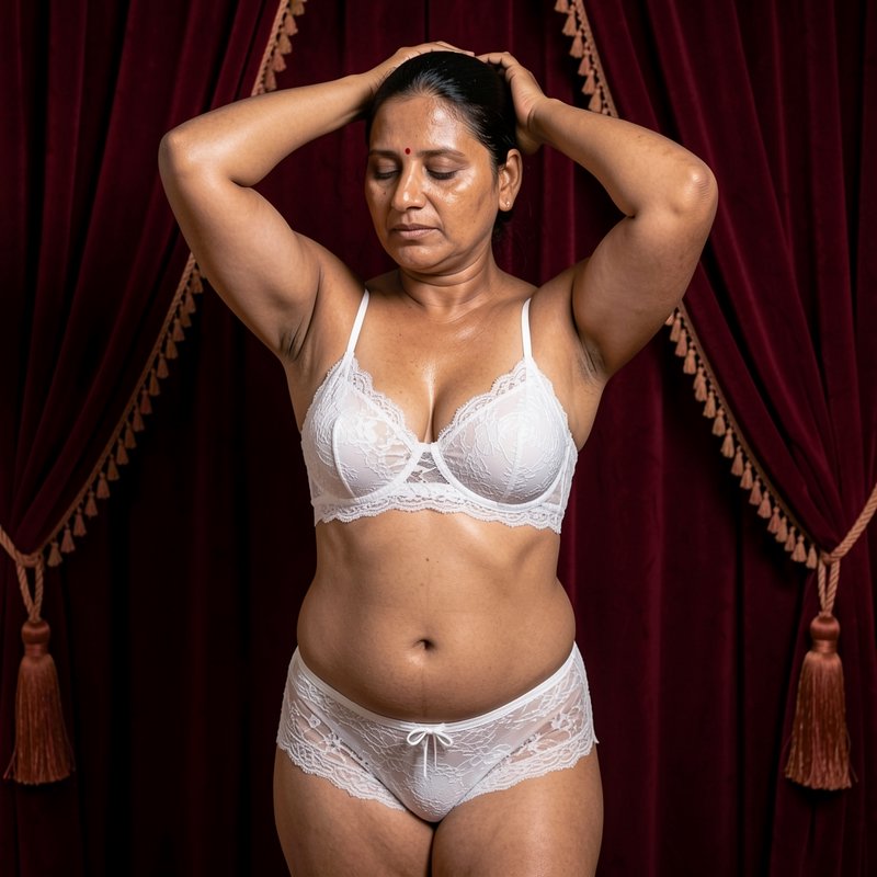 South Asian woman in white lace lingerie rests her hands on her head against a deep red tasseled ...
