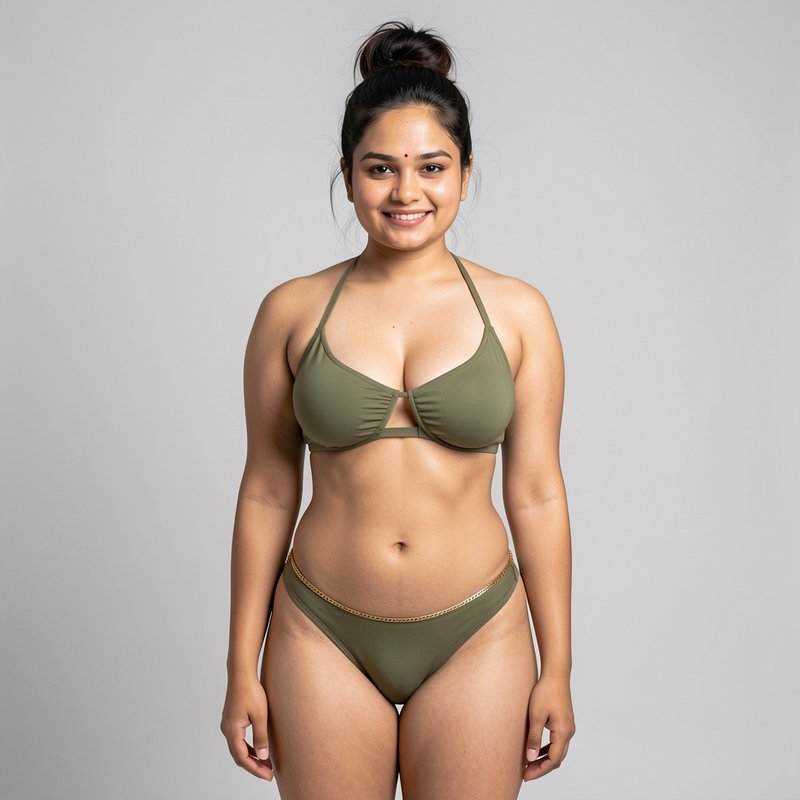 Smiling young South Asian woman wearing an olive green bikini stands against a plain light gray s...