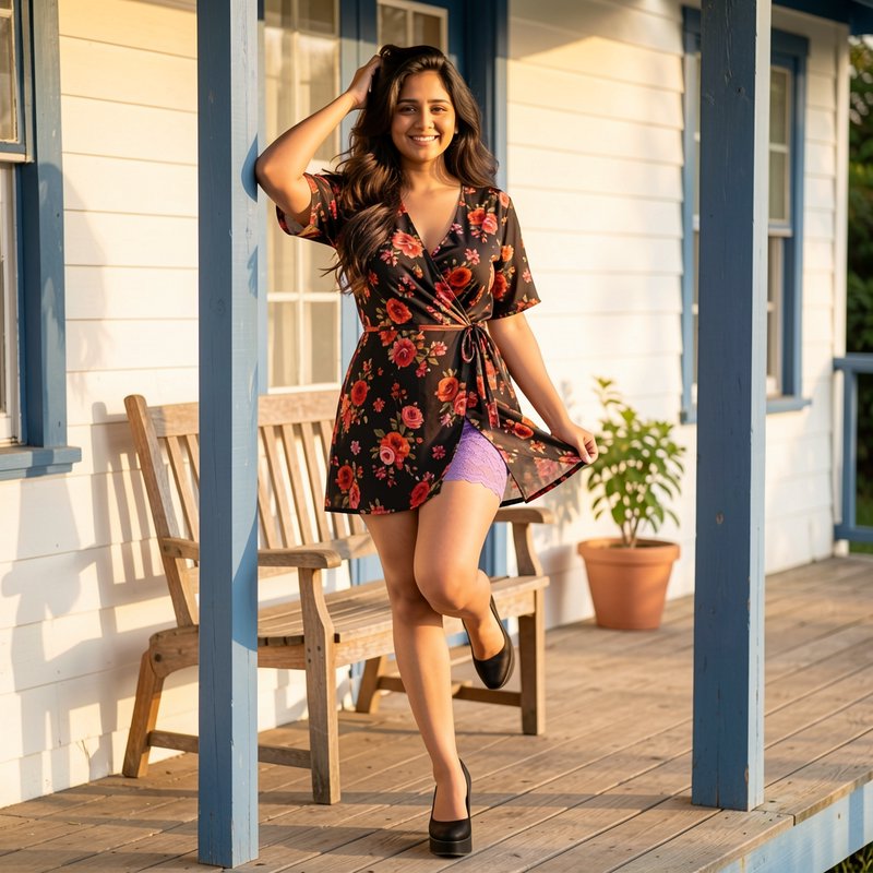 Smiling young South Asian woman in a floral robe poses playfully on a sunlit cottage front porch