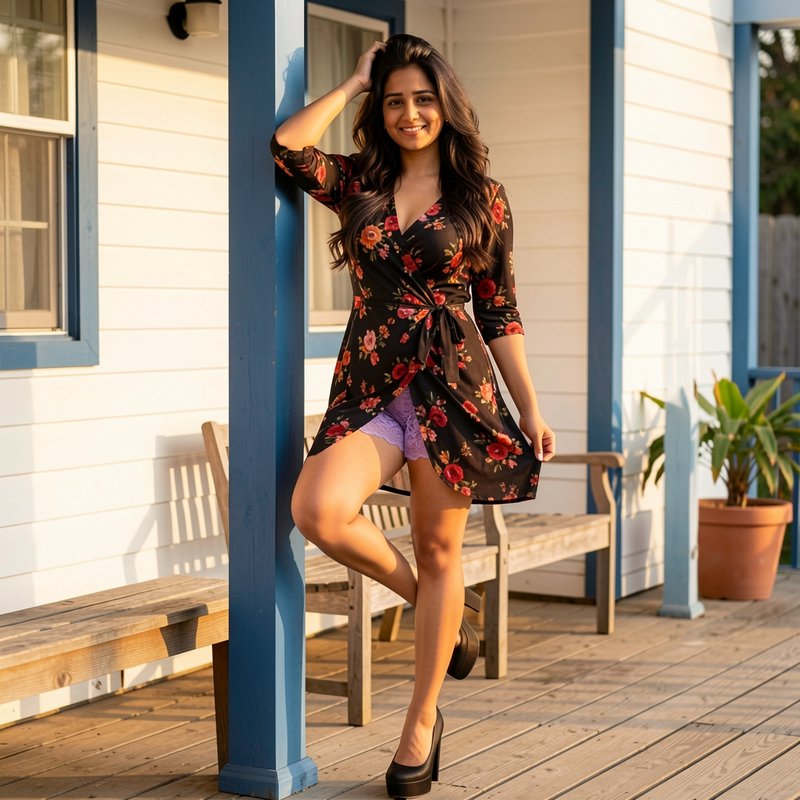 Smiling young woman in a black floral wrap dress leans against a porch post on a sunlit wooden deck