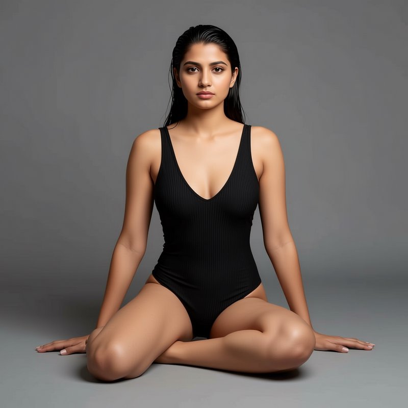 Young South Asian woman in a black ribbed one-piece swimsuit seated against a plain grey studio b...