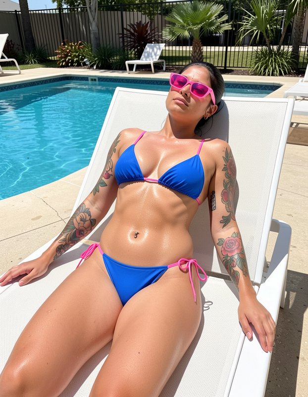 Tattooed woman in blue bikini and pink sunglasses sunbathes on a poolside lounge chair