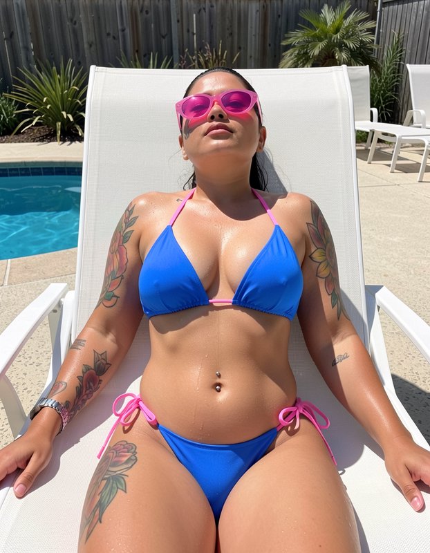 Tattooed woman in blue bikini and pink sunglasses sunbathes on a white pool lounge chair beside a...