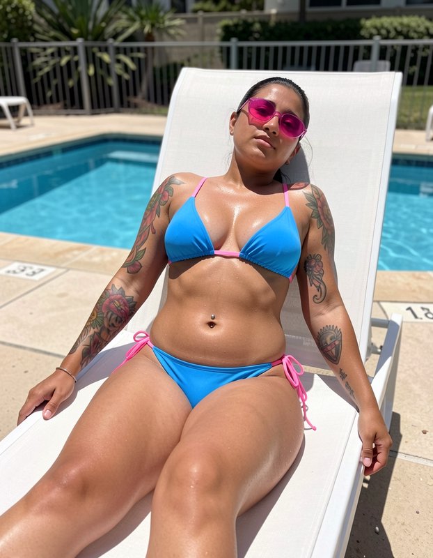 Tattooed woman in blue bikini and pink sunglasses lounging on a poolside lounge chair