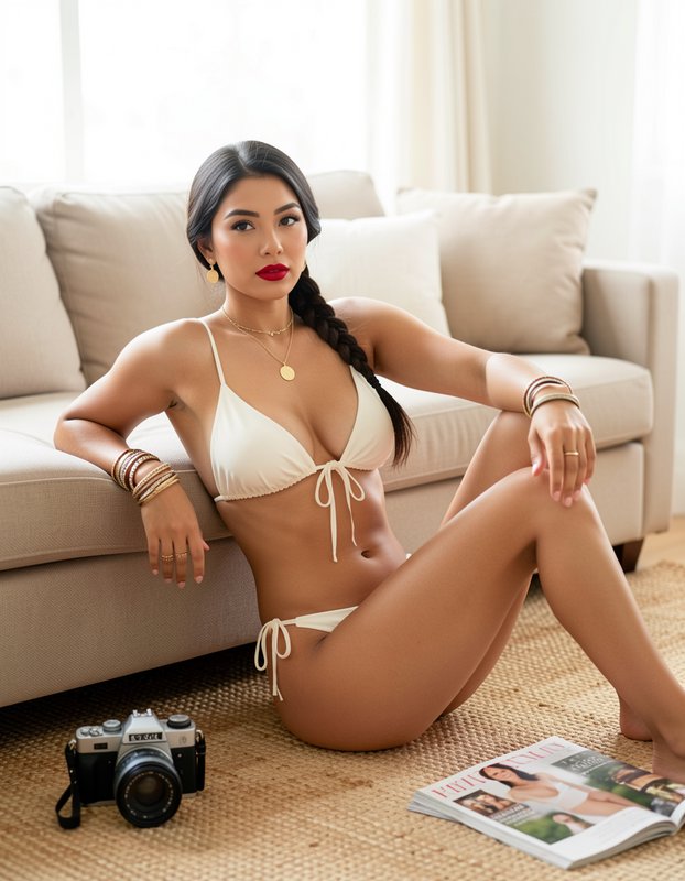 Glamorous woman in a white bikini sits leaning against a beige sofa with a vintage camera and mag...