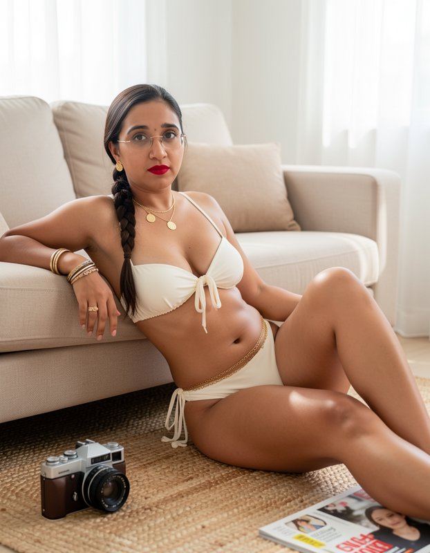 South Asian woman in a white bikini leans against a beige couch next to a vintage film camera