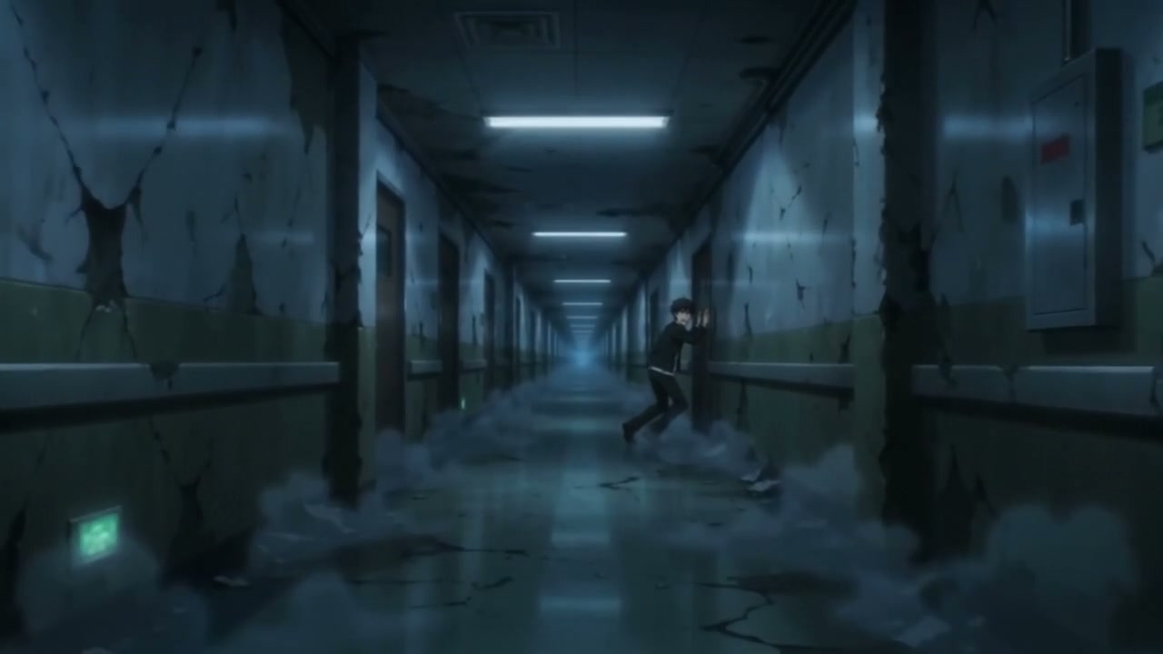 A shadowy anime-style hallway with cracked walls, blue lighting, and a person running away in a s...