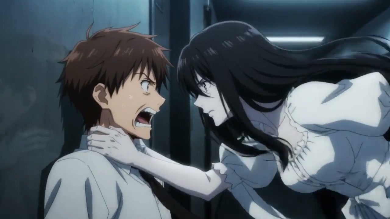 Anime female character chokes a terrified screaming male high school student in a dim, moody indo...