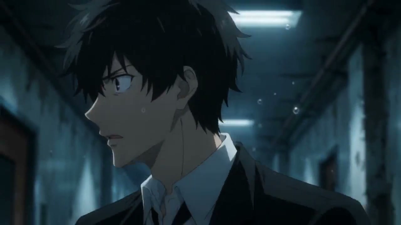 Anime side profile of a tense dark-haired young man in a suit, standing in a dim, damp industrial...