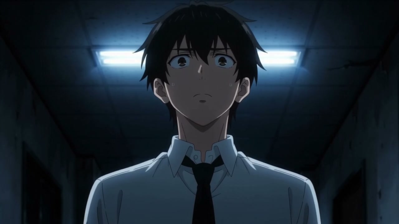 Sweating shocked anime teen boy in a school uniform stands under glowing overhead hallway fluores...