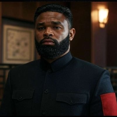 [Close-up portrait of a serious bearded Black man in a dark mandarin collar uniform with a red armband, standing indoors]