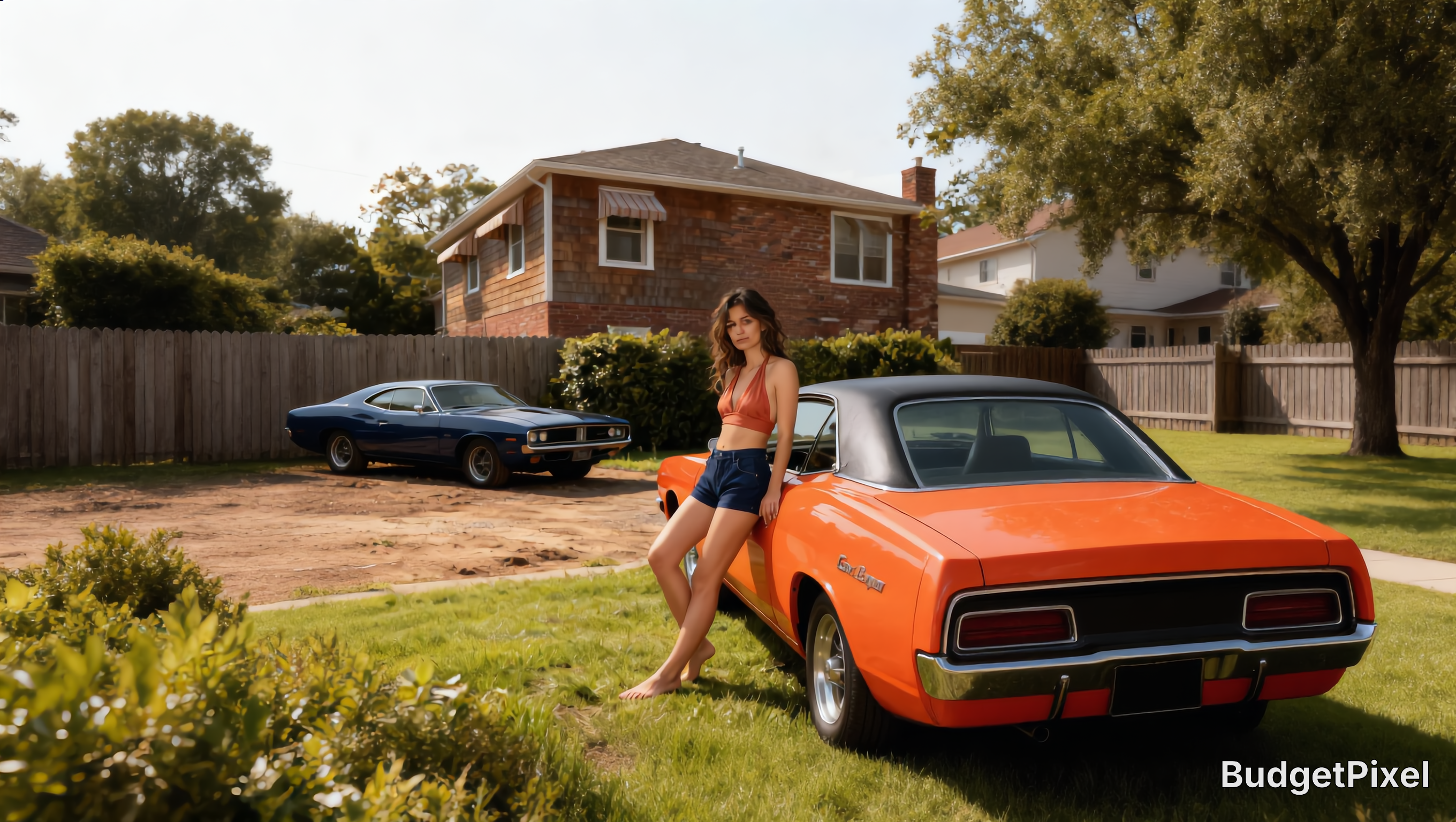 Young woman leaning on bright orange vintage muscle car in a sunlit suburban residential front yard