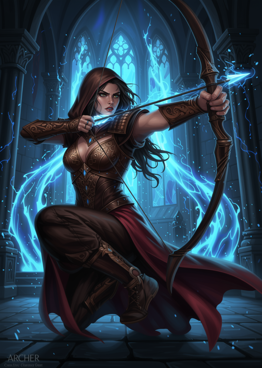 Hooded female fantasy archer drawing a glowing magical bow while crouched inside a gothic castle hall