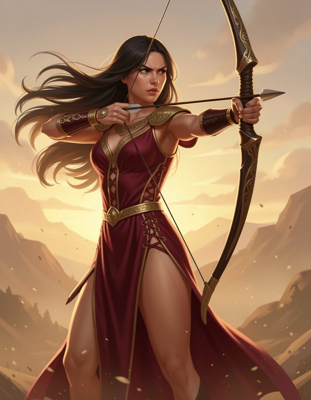 Fierce female fantasy archer drawing an ornate bow against a golden mountain sunset