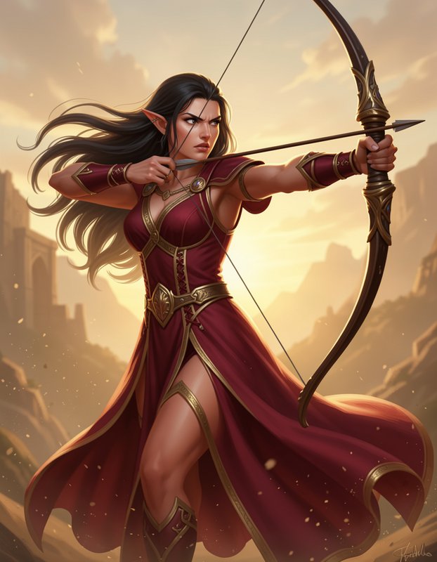 Elven female archer draws an ornate bow against a golden sunset mountain canyon backdrop