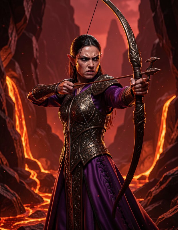Fierce elven archer drawing an ornate bow while standing in a glowing lava-filled volcanic canyon