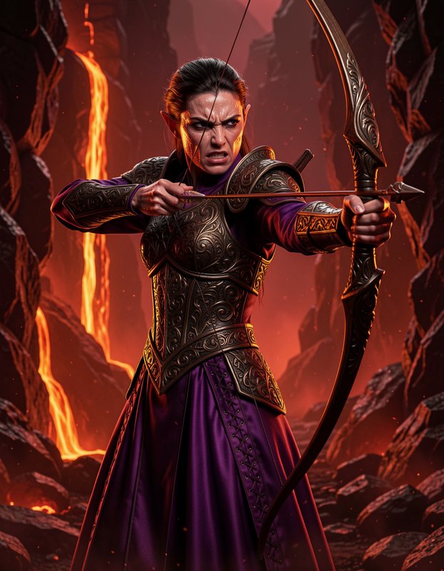 Fierce elven female archer draws an ornate bow in a fiery lava canyon