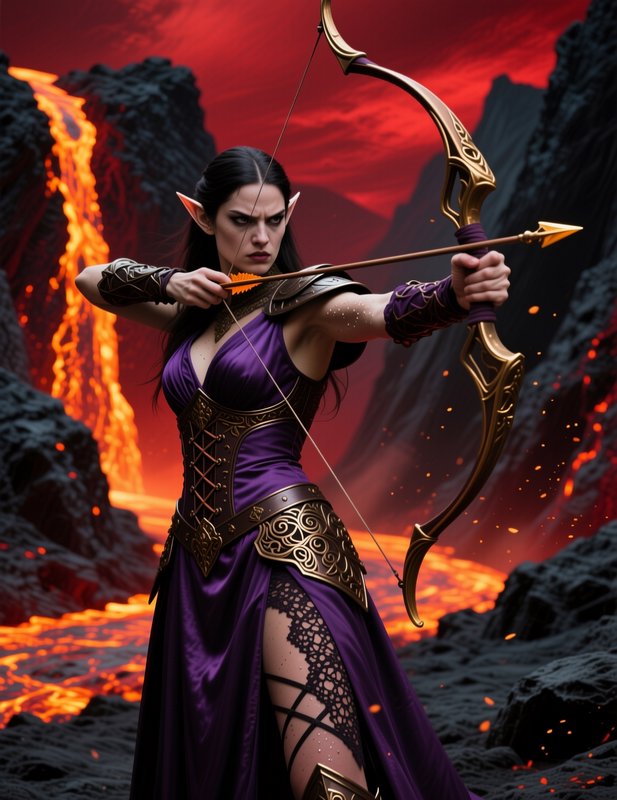 Stern female elf archer draws an ornate golden bow standing in a fiery volcanic lava valley