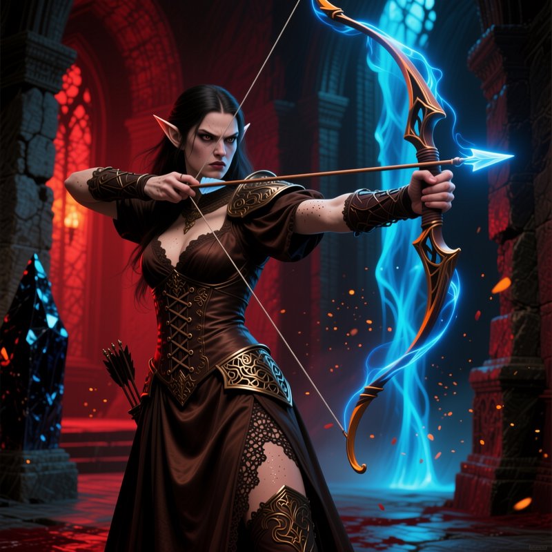 Dark elf archer aims a glowing magical blue energy bow inside a gothic stone cathedral