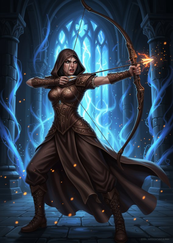 Hooded female fantasy archer draws a flaming enchanted bow inside a glowing gothic cathedral