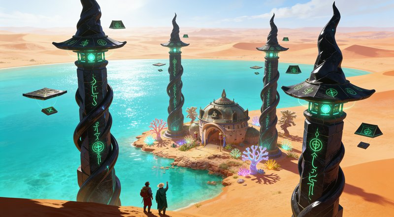 Two explorers overlook glowing wizard-hat arcane pillars framing a magical desert oasis temple is...