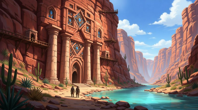 Two adventurers stand before a grand cliffside temple built into a red desert canyon beside a tur...