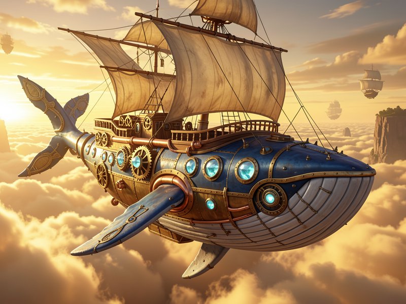 Steampunk whale-shaped airship floats above fluffy golden clouds at warm sunset.