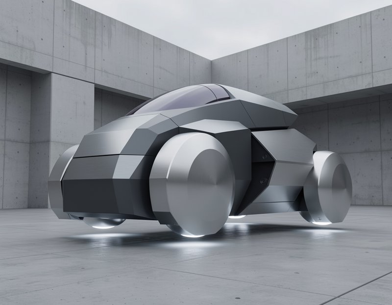 Faceted metallic futuristic hover car hovering inside a minimalist brutalist concrete courtyard