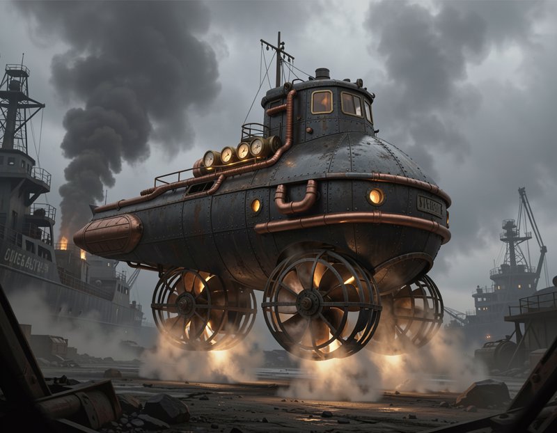 Steampunk turbine-powered hover vessel hovering above a grimy industrial port dock